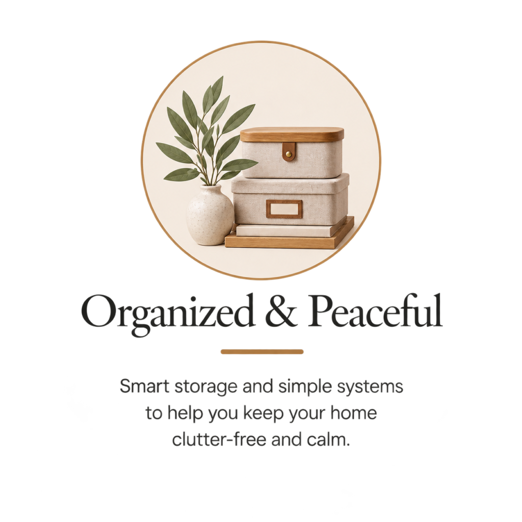 Graphic illustration card reading Organized & Peaceful: Smart storage and simple systems to help you keep your home clutter-free and calm.