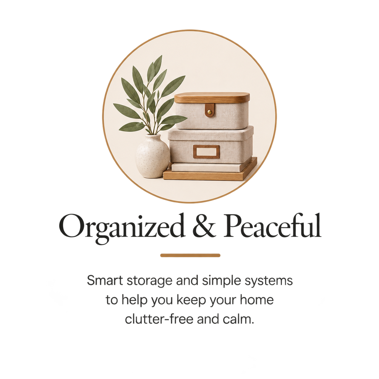 Graphic illustration card reading Organized & Peaceful: Smart storage and simple systems to help you keep your home clutter-free and calm.