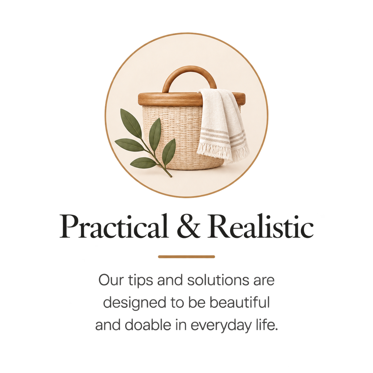Graphic illustration card reading Practical & Realistic: Our tips and solutions are designed to be beautiful and doable in everyday life.
