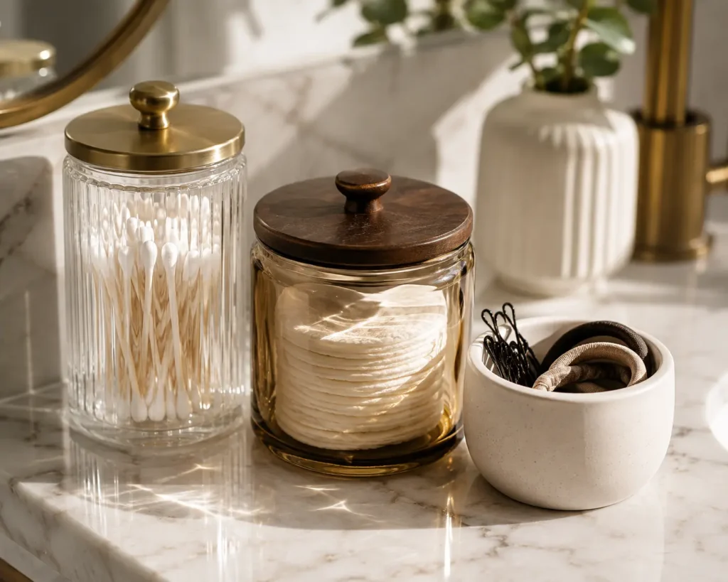Elevated macro detail shot of a marble countertop bathed in morning sunlight, showcasing a fluted glass jar filled with cotton swabs, an amber glass canister with cotton pads, and a white ceramic dish holding hair ties.