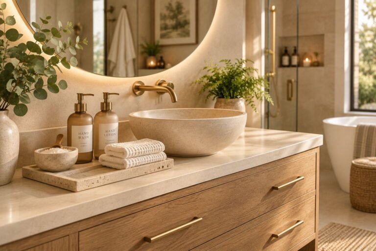 A luxurious spa bathroom vanity featuring a natural oak wood cabinet with brass handles, a round stone vessel sink with a wall-mounted brass faucet, and a large glowing backlit round mirror casting warm light over a curated stone soap tray.