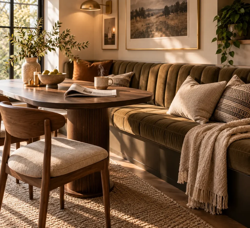 A sunlit dining space showcasing an oval wooden pedestal table, a mid-century modern accent chair, and a long channel-tufted olive green velvet banquet banquette layered with textured pillows and a knit throw.