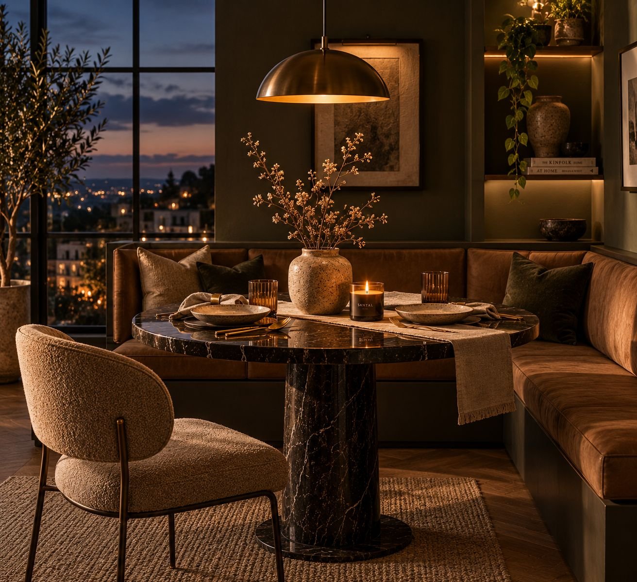 Cozy evening dining nook featuring a dark marble pedestal table lit by a warm dome pendant light, with a cognac leather banquet banquette seat, bouclé accent chair, and styled tableware overlooking city sunset views.