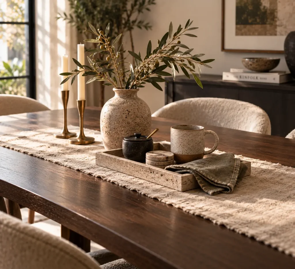 Close-up editorial view of a dark wood dining table styled with a beige linen runner, featuring two thin brass candleholders, a textured ceramic vase with olive branches, and a travertine tray holding a speckled mug.