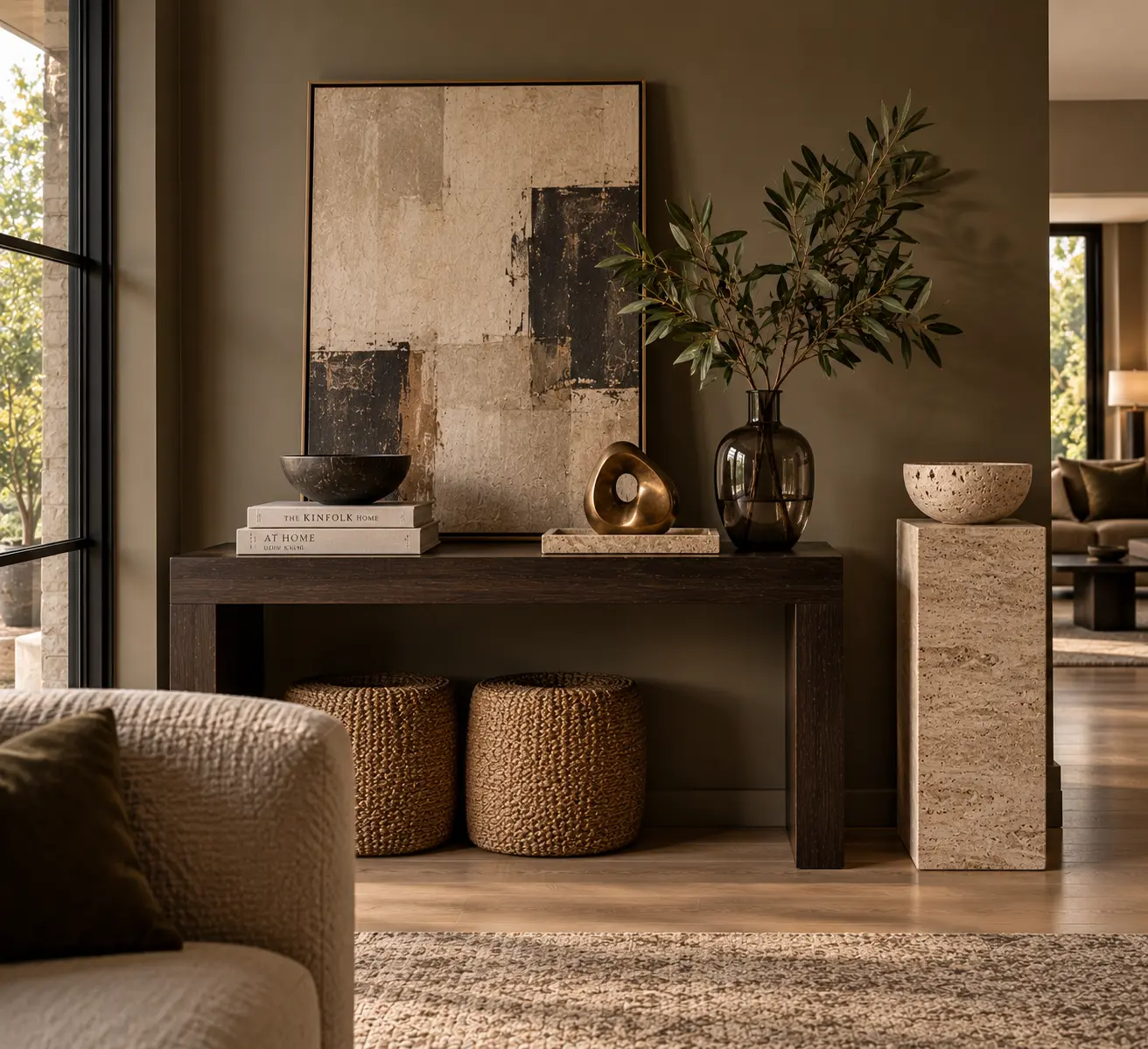 Editorial console table vignette featuring a dark wood entryway table styled with hardcover design books, an unglazed travertine pedestal plinth, textured ceramic bowls, and woven storage baskets underneath.