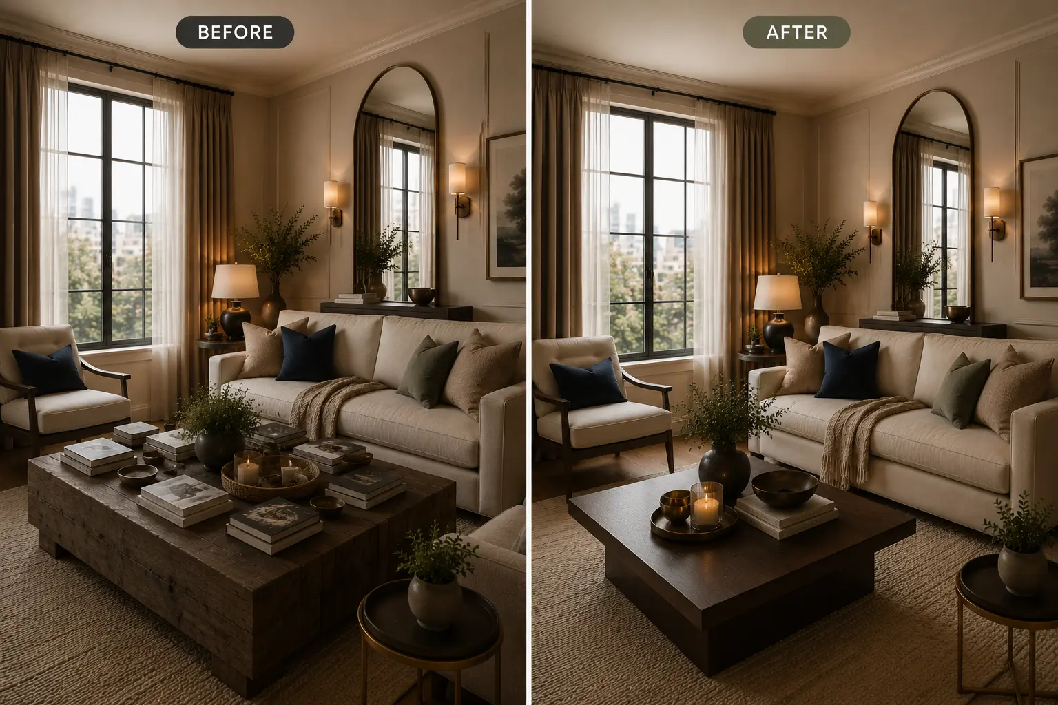 Before and after image replacing a heavy, bulky dark wood rustic coffee table with a sleek, low-profile minimalist square dark oak table.