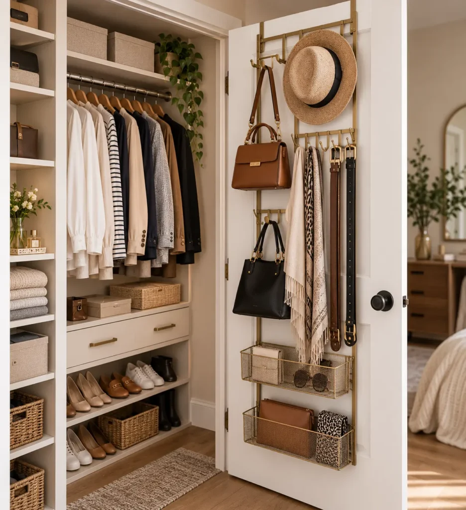 A clever over-the-door metal rack utilizing vertical space to hang a straw sun hat, leather handbags, and belts, complete with mesh wire baskets holding sunglasses and clutch purses.