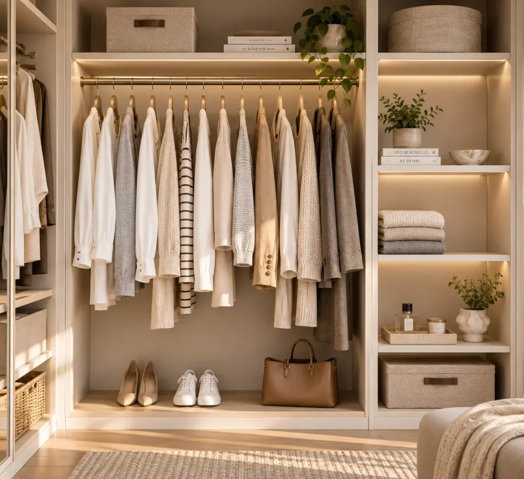 A serene, minimalist open wardrobe layout displaying structured beige blazers and linen shirts, complemented by open side shelving for folded knitwear, perfume trays, and a leather handbag on the floor.