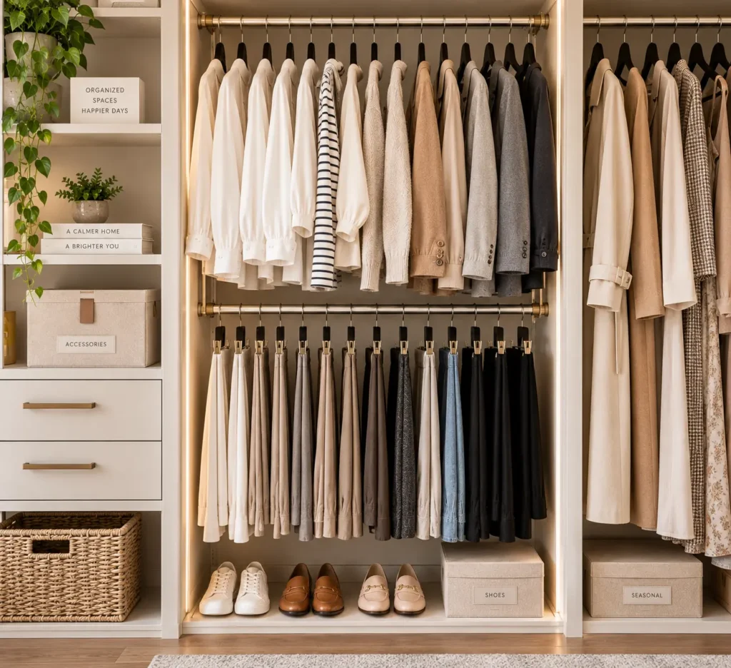 A beautifully organized custom walk-in closet featuring double hanging rods that separate light-colored tops on the upper bar from neatly aligned neutral trousers and skirts clamped on the lower bar.