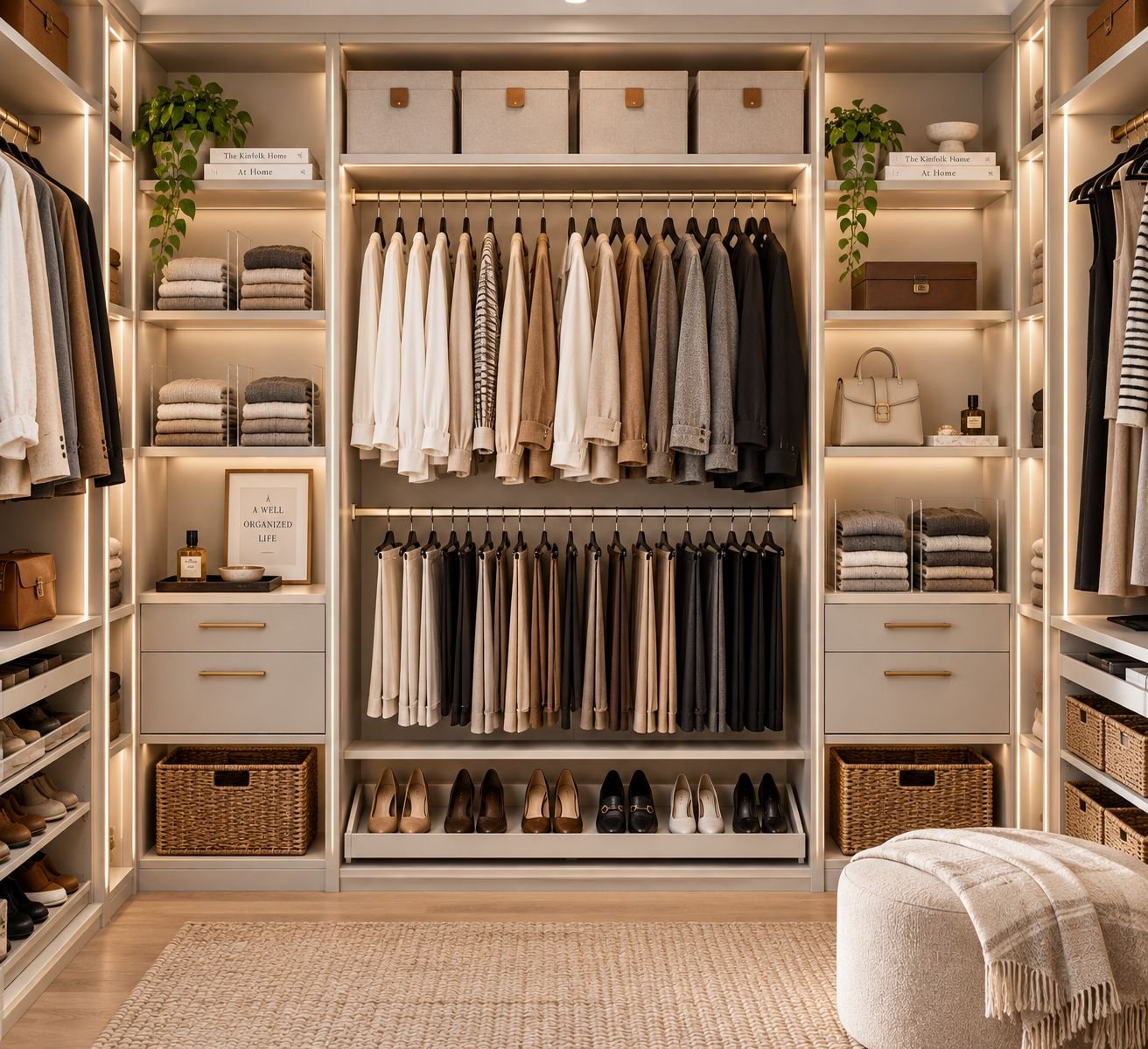 A wide-angle full view of a luxury custom walk-in closet system illuminated by soft vertical LED strip lighting, showcasing a flawless organization of neutral-toned capsule wardrobe clothing, shoes, and bins.