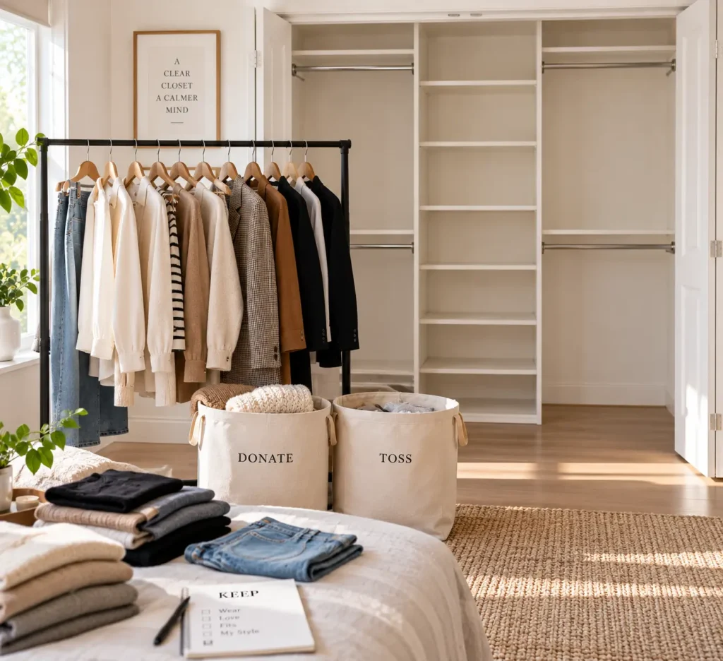 A bright bedroom decluttering station featuring a rolling garment rack filled with neutral blazers and shirts, positioned next to two canvas laundry hampers labeled Donate and Toss, with folded pants kept neatly on the bed.