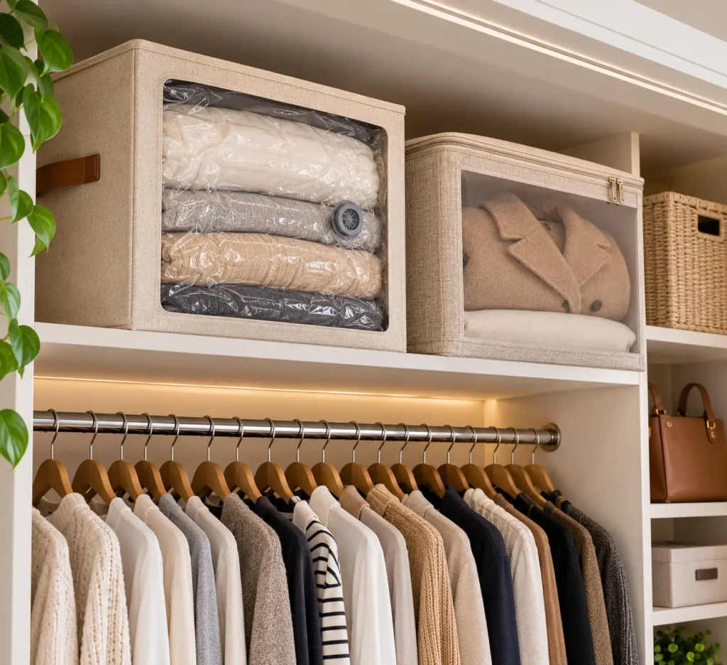 A close-up view of a high closet shelf styled with fabric storage boxes featuring clear window panels that reveal vacuum-sealed stacks of heavy winter coats and extra bedding linens.