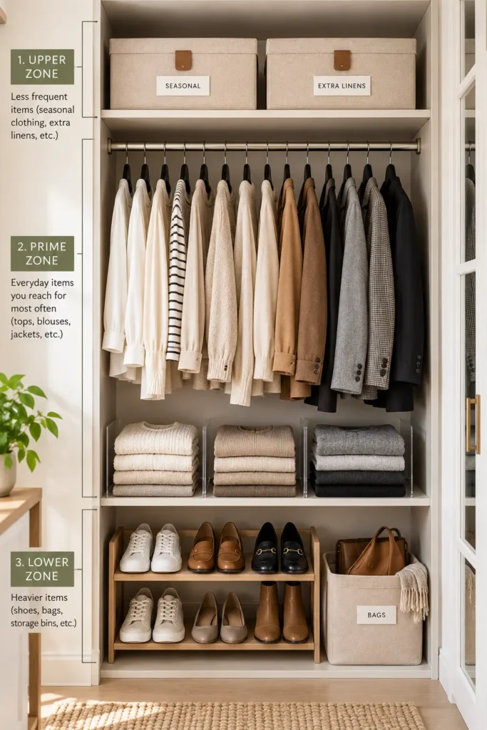 An explanatory closet organization graphic mapping out an upper zone for seasonal storage, a prime zone for everyday hanging tops, blouses, and jackets, and a lower zone for stacked sweaters, a shoe rack, and handbag storage bins.