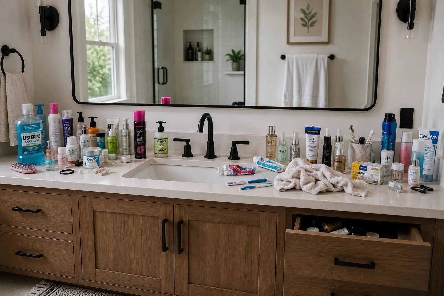 A messy and disorganized bathroom vanity countertop overcrowded with a chaotic display of dozens of random skincare products, makeup bottles, toothpaste tubes, mouthwash, hairspray cans, and a crumpled white towel.