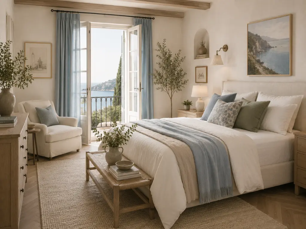 A coastal European bedroom featuring a bed dressed in crisp white linen and light blue throws, breezy blue curtains framing open French doors with a view of the Mediterranean sea.