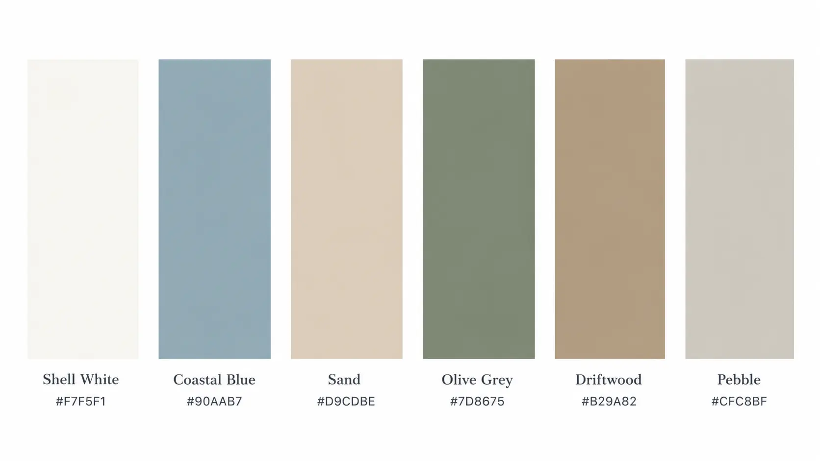 Coastal European interior design color palette featuring Shell White, Coastal Blue, Sand, Olive Grey, Driftwood, and Pebble paint chips.