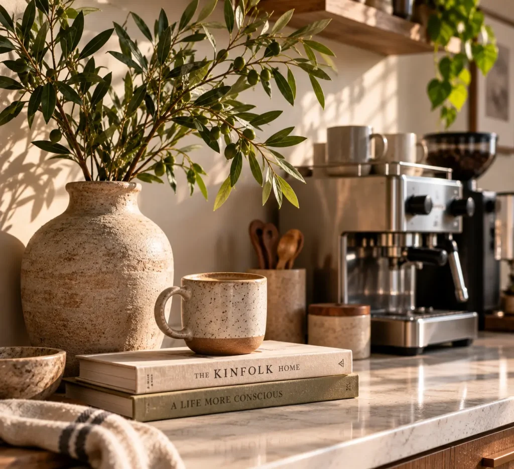 A close-up of a kitchen counter showcasing an earthy, textured ceramic vase filled with olive branches resting behind a steaming mug balanced on a stack of hardcover lifestyle books near an espresso machine.