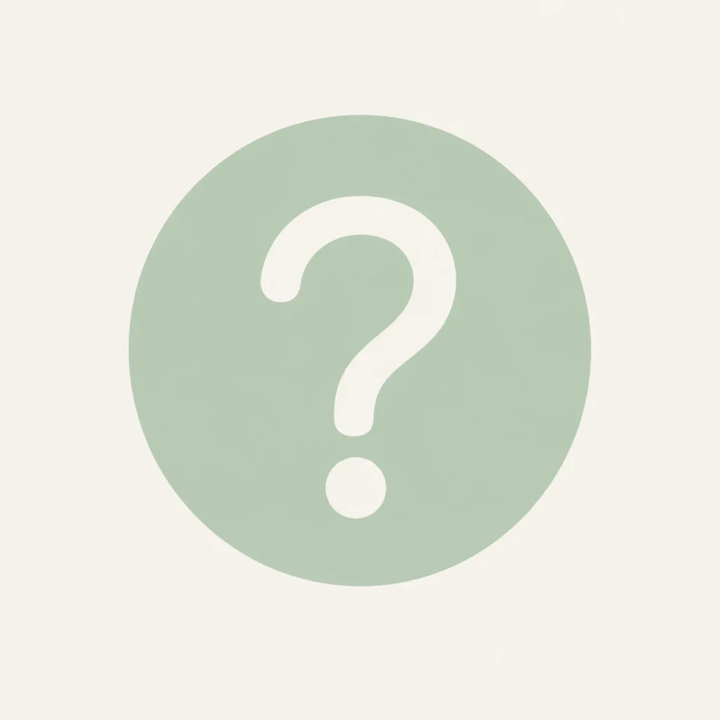 Minimalist sage green line art icon featuring a white question mark inside a solid sage green circle.