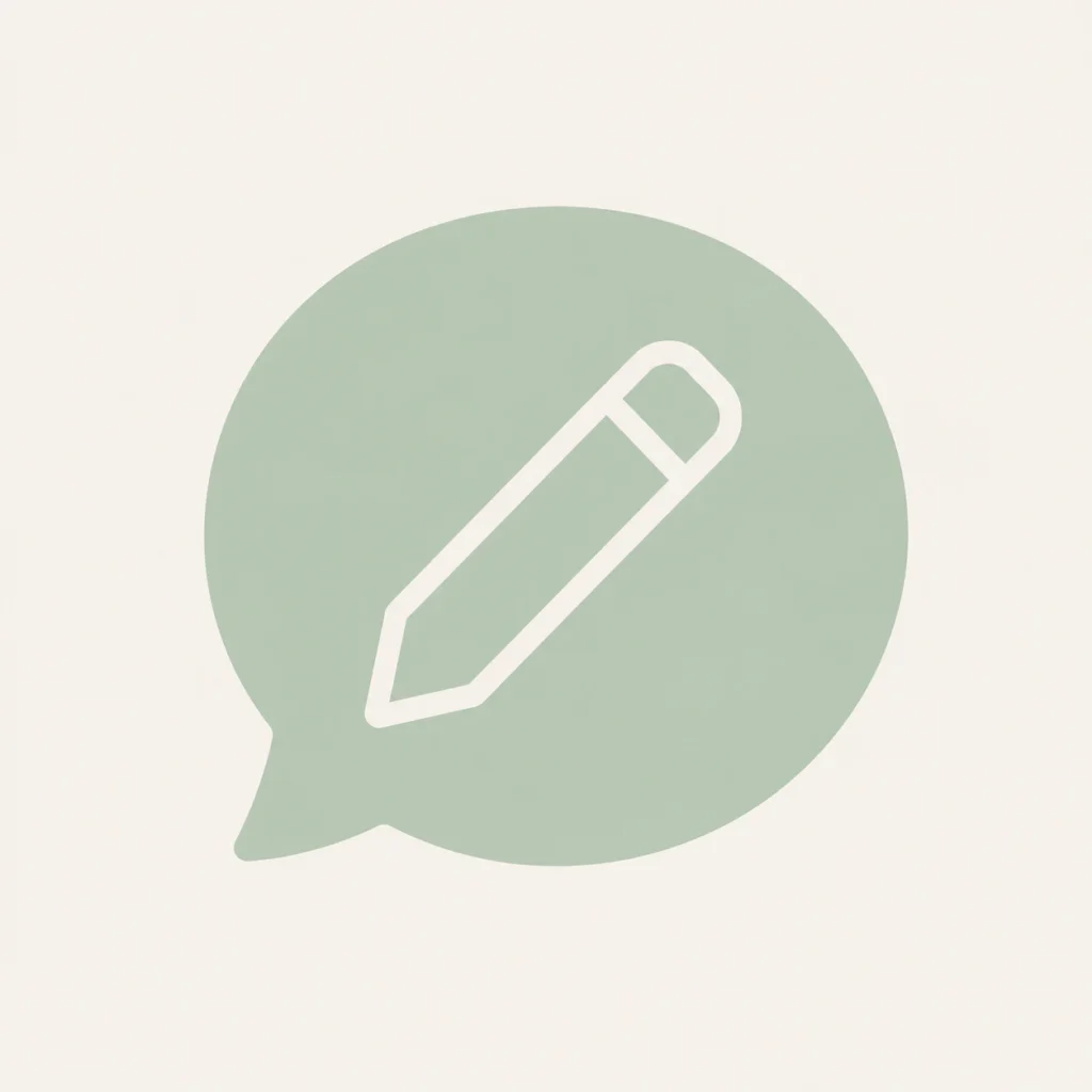 Minimalist sage green line art icon showing a pencil inside a speech bubble graphic.