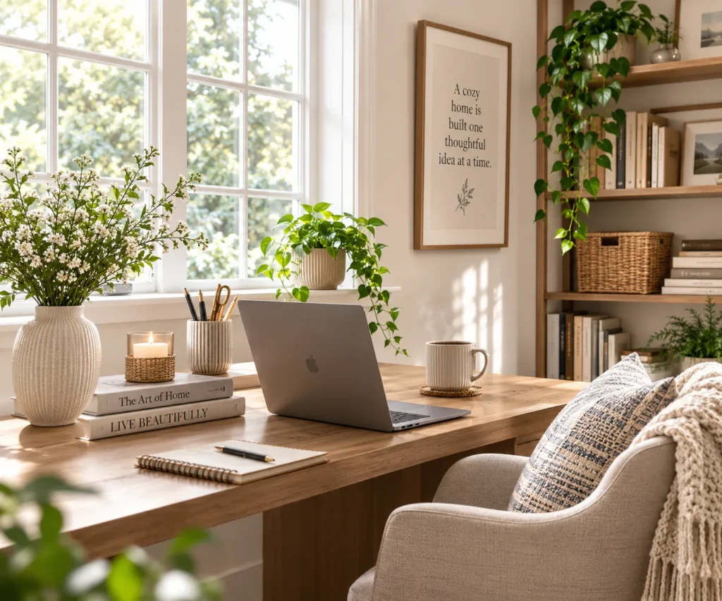 A sunlit wooden desk setup with an open laptop, a coffee mug, textured white vases with flowers, design books, and a hanging plant on a bookshelf near a bright window.