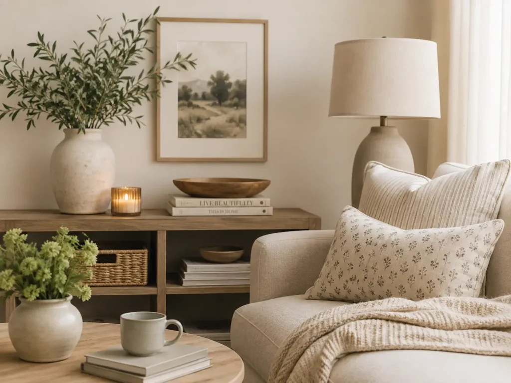 Close-up of a cozy neutral living room showing a beige sofa with patterned pillows, an olive branch arrangement in a textured ceramic vase, and a stone table lamp.