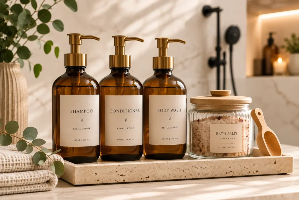 Close-up editorial shot of a matching set of three amber glass pump bottles with minimalist labels for shampoo, conditioner, and body wash, sitting on a travertine stone tray alongside a fluted glass jar of pink bath salts with a wooden scoop.