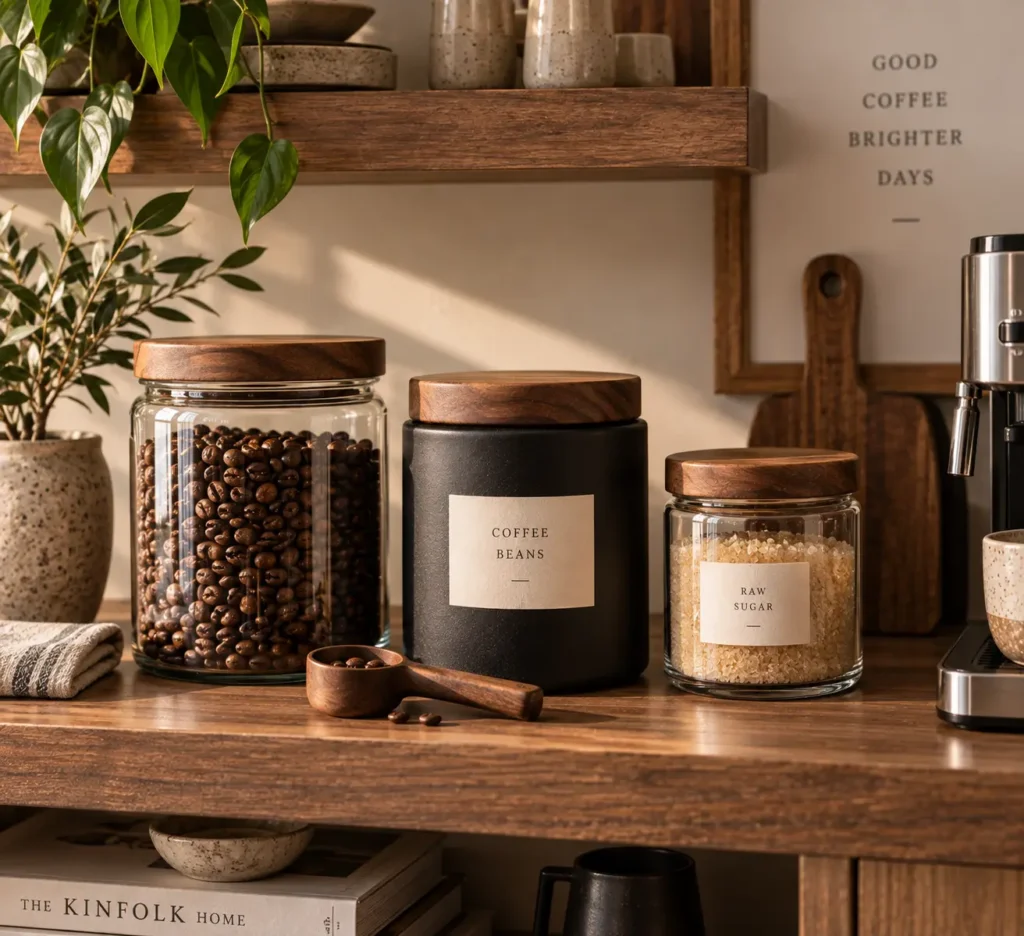 A close-up view of a wooden countertop featuring three glass and matte black storage canisters with wooden lids labeled for coffee beans and raw sugar, complete with a matching wooden scoop.