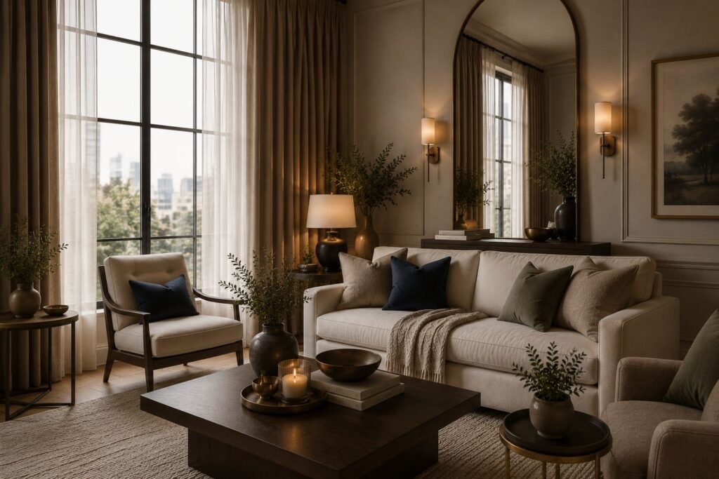 A bright, beautifully decorated warm minimalist living room styled with a cream sofa, a large arched mirror, high hanging curtains, and layered warm lighting.