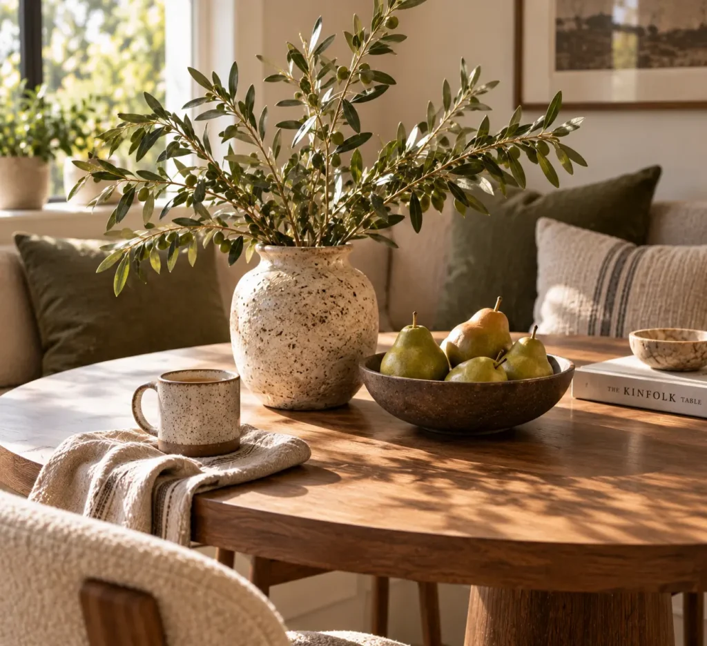A close-up lifestyle shot of a round timber dining table styled with a textured stone jug filled with olive branches, a dark ceramic bowl of green pears, a speckled coffee mug, and a linen napkin.