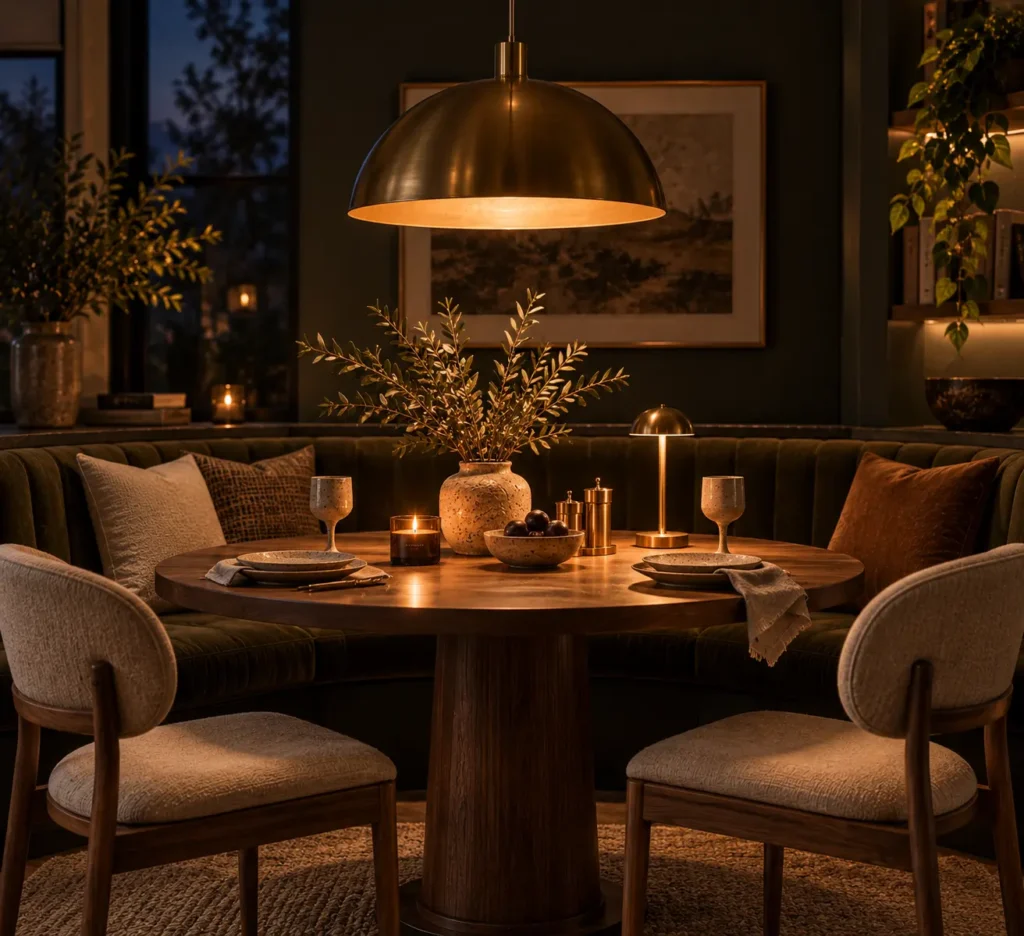 A romantic dining setup at night with a round oak table illuminated by a brass dome pendant lamp, featuring deep green velvet booth seating, bouclé wood chairs, a lit candle, and ceramic centerpieces.