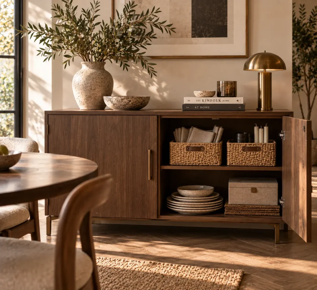 A modern wood sideboard cabinet with an open door revealing woven storage baskets filled with napkins, stacked stone plates, a keepsake box, and a brass table lamp styled next to an olive branch vase.