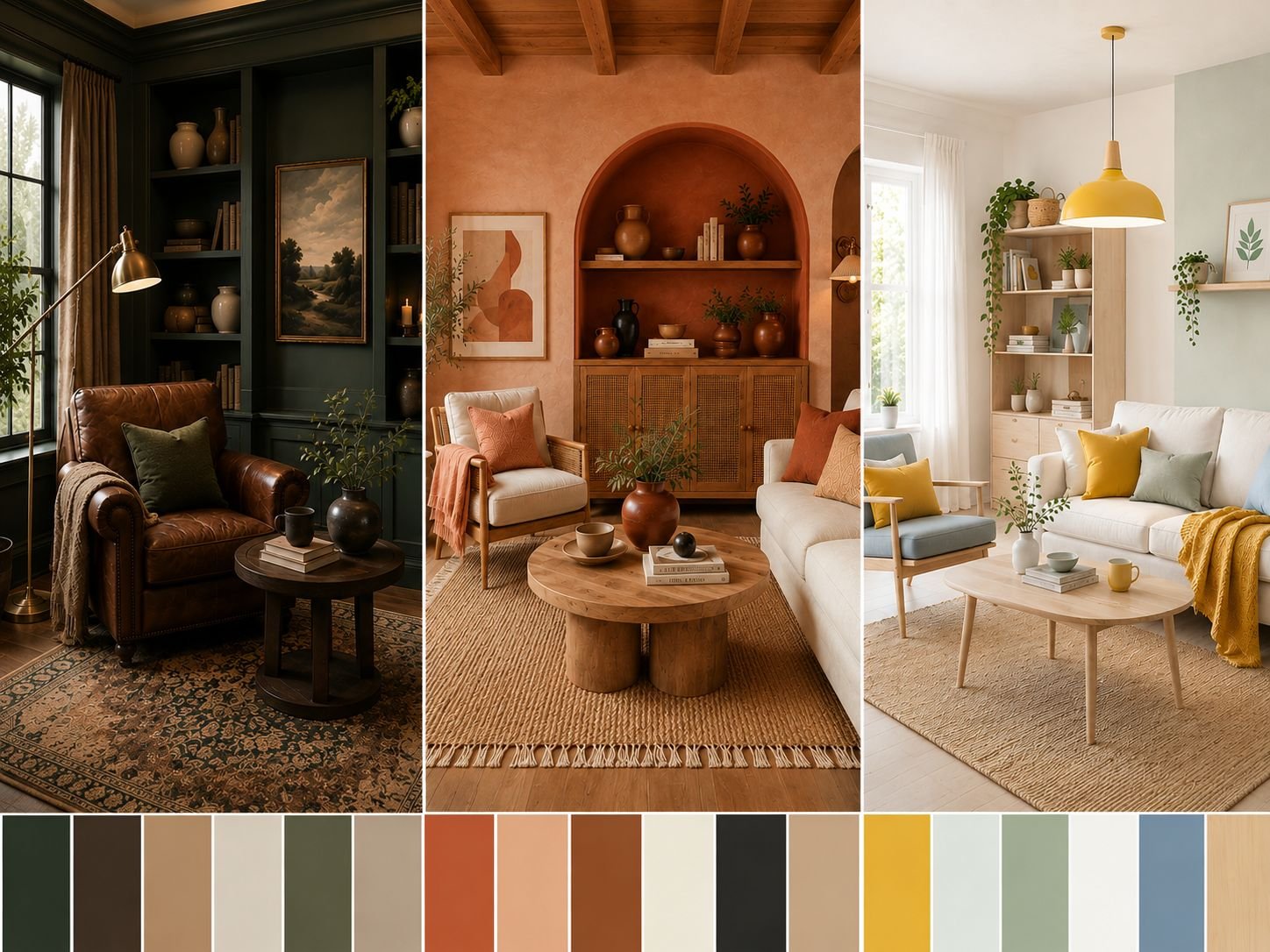 A three-panel interior design comparison featuring a moody dark library with a brown leather armchair, a warm terracotta living room with an arched built-in shelf, and a bright modern living space with mustard yellow pillows and a light wood coffee table.