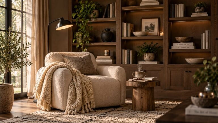 A bright, expansive view of a luxury home interior showcasing a cozy reading nook styled with a brown velvet chair, a round cream rug, and a tall statement plant, seamlessly blending into the open-concept living space.