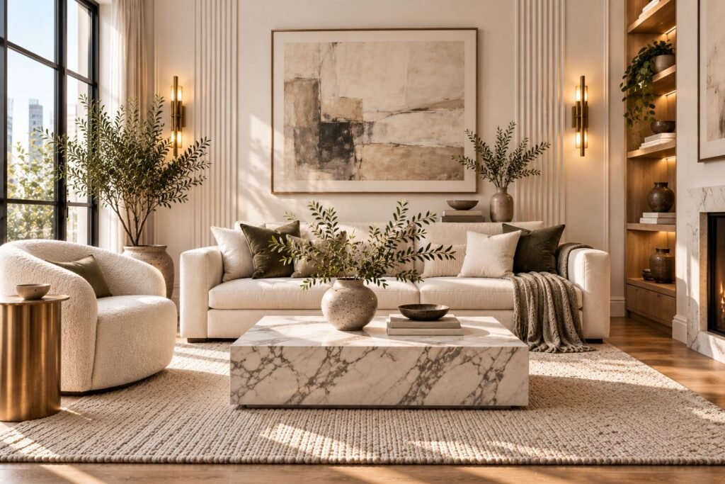 High-end editorial studio apartment layout featuring a low Calacatta marble coffee table, a crisp ivory bouclé lounge chair, and vertical fluted wall paneling to create a luxurious feeling.