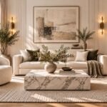 High-end editorial studio apartment layout featuring a low Calacatta marble coffee table, a crisp ivory bouclé lounge chair, and vertical fluted wall paneling to create a luxurious feeling.