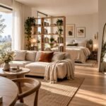 Bright, editorial wide-angle studio apartment layout showing a low-profile cream sofa and an open oak bookshelf divider that separates the living zone from a bed styled in neutral linen, illuminated by ample morning light from a large window.