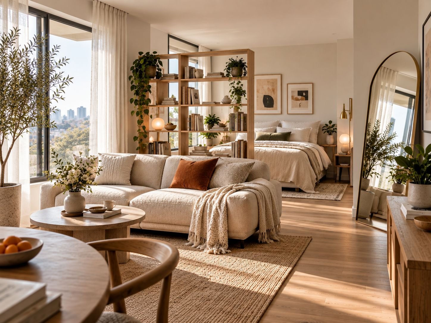 Bright, editorial wide-angle studio apartment layout showing a low-profile cream sofa and an open oak bookshelf divider that separates the living zone from a bed styled in neutral linen, illuminated by ample morning light from a large window.