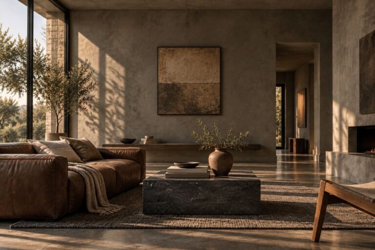 High-end editorial living room showcasing warm minimalism through material contrast, featuring a moody concrete plaster wall, a dark soapstone coffee table, and a low tobacco leather sofa hit by cinematic afternoon sunlight.