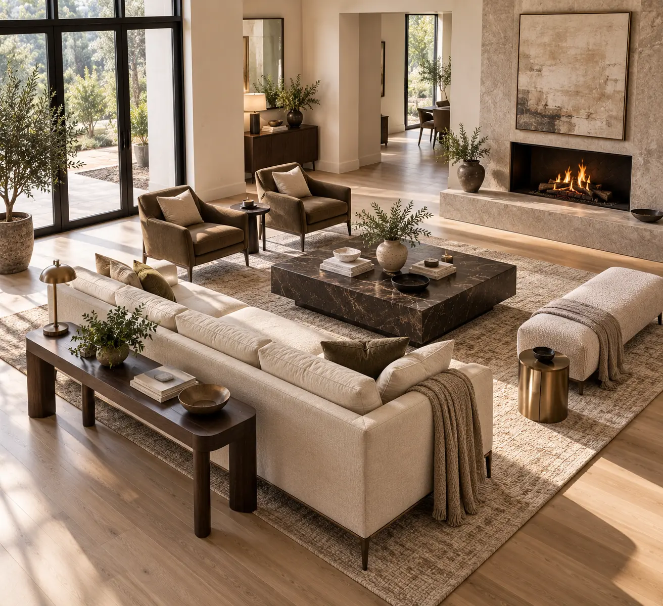 Elevated daytime view of a sophisticated, open-concept living room featuring a long cream linen sofa, an oversized dark marble coffee table, a sleek accent bench, and a modern fireplace mantle under warm natural light.
