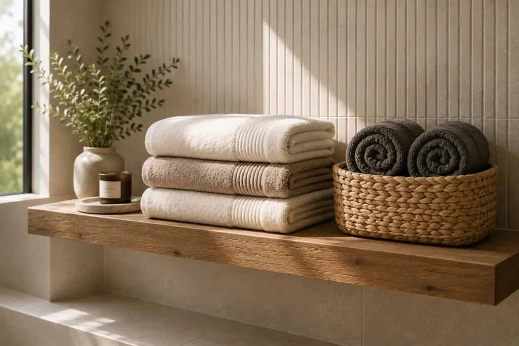 A thick, natural oak floating shelf mounted against a vertical-tiled bathroom wall, beautifully organized with a precise stack of folded neutral towels, a small amber candle, and rolled charcoal grey washcloths inside a woven basket.
