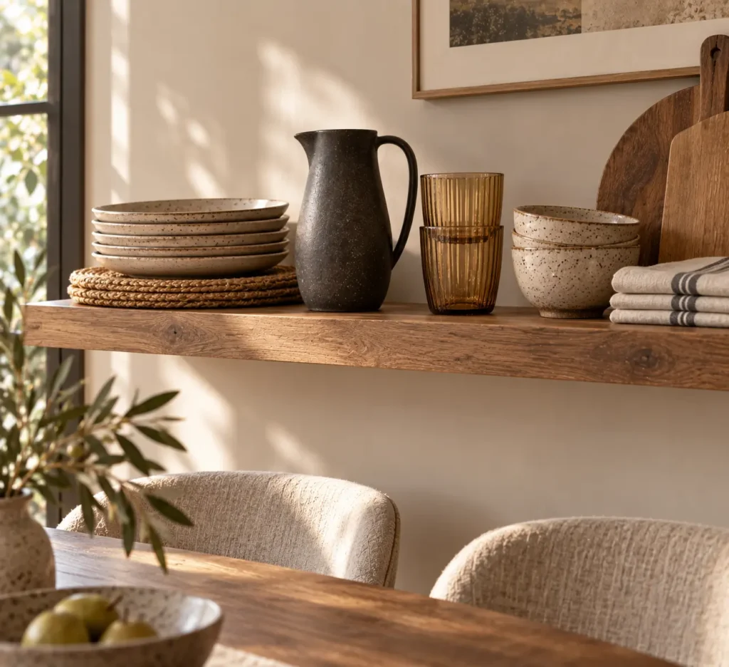 An editorial floating oak shelf styled with stacked stoneware plates on a woven trivet, a matte charcoal pitcher, amber glass tumblers, textured ceramic bowls, and striped linen napkins in warm morning sunlight.