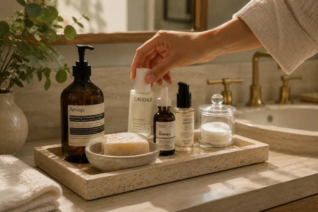 A close-up lifestyle shot of a hand selecting a bottle from a premium travertine stone vanity tray, which neatly houses high-end skincare serums, an amber Aesop soap bottle, a soap dish, and a small glass cotton pad holder.