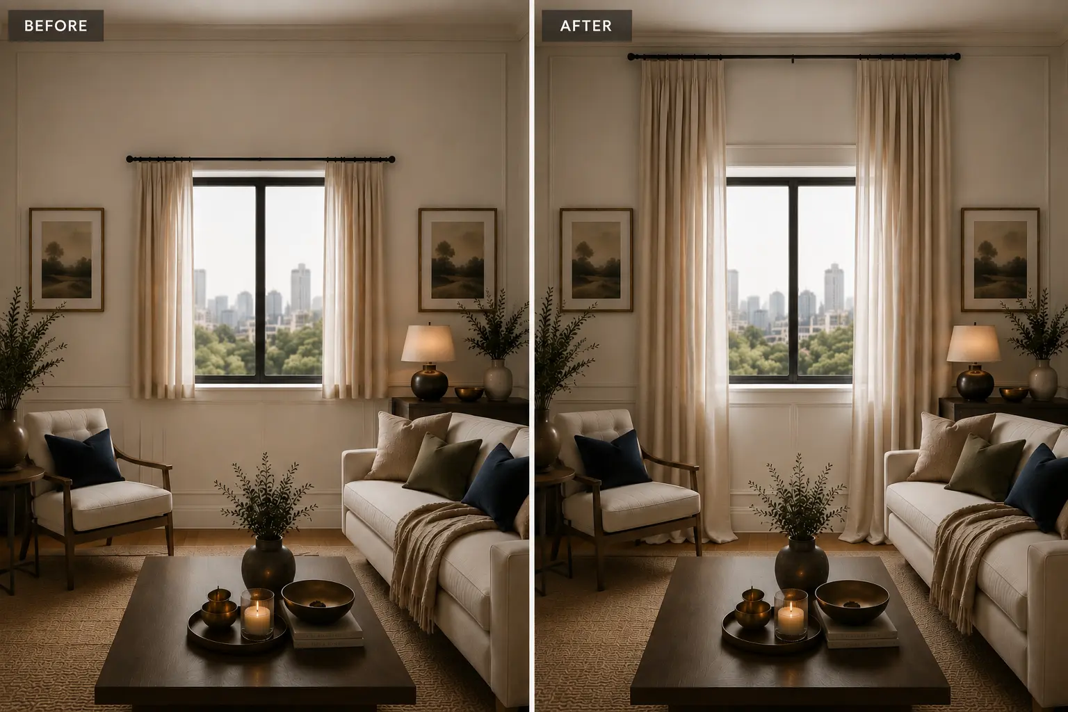 Before and after graphic demonstrating curtains hung directly above the window frame versus curtains mounted near the ceiling to elongate the room.