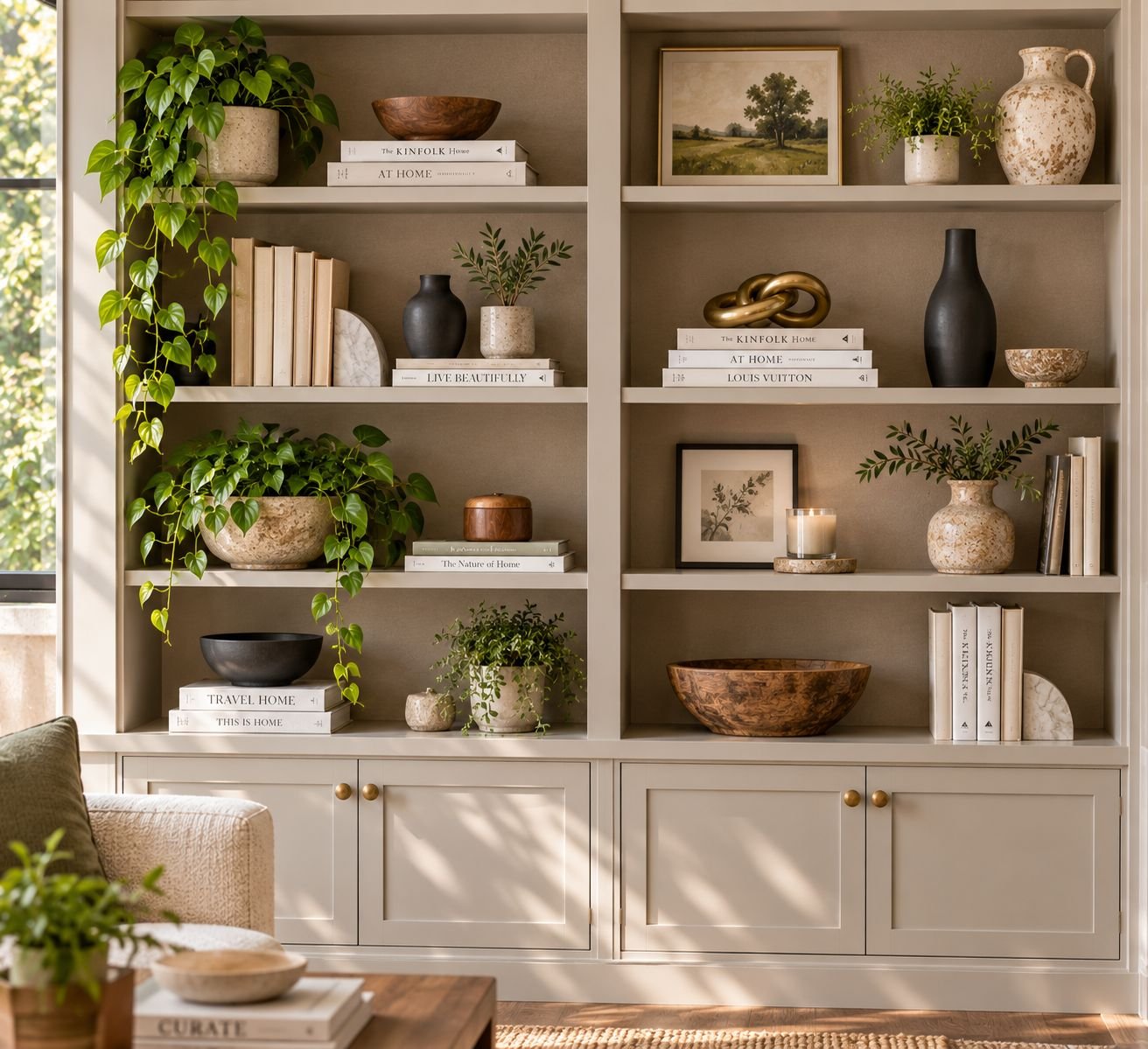 A balanced double-tower built-in bookcase styling setup, featuring custom cream-painted shelves filled with trailing green ivy, earthy stoneware vases, stacked neutral novels, and a large wooden dough bowl.