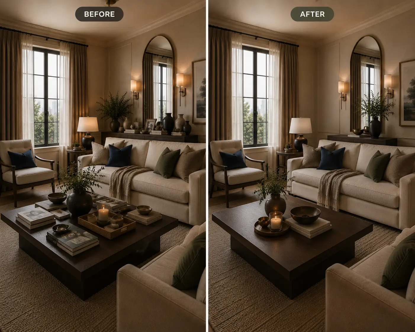 Side by side before and after transformation of a living room coffee table covered in books and trays vs a minimally styled table with a single candle bowl.