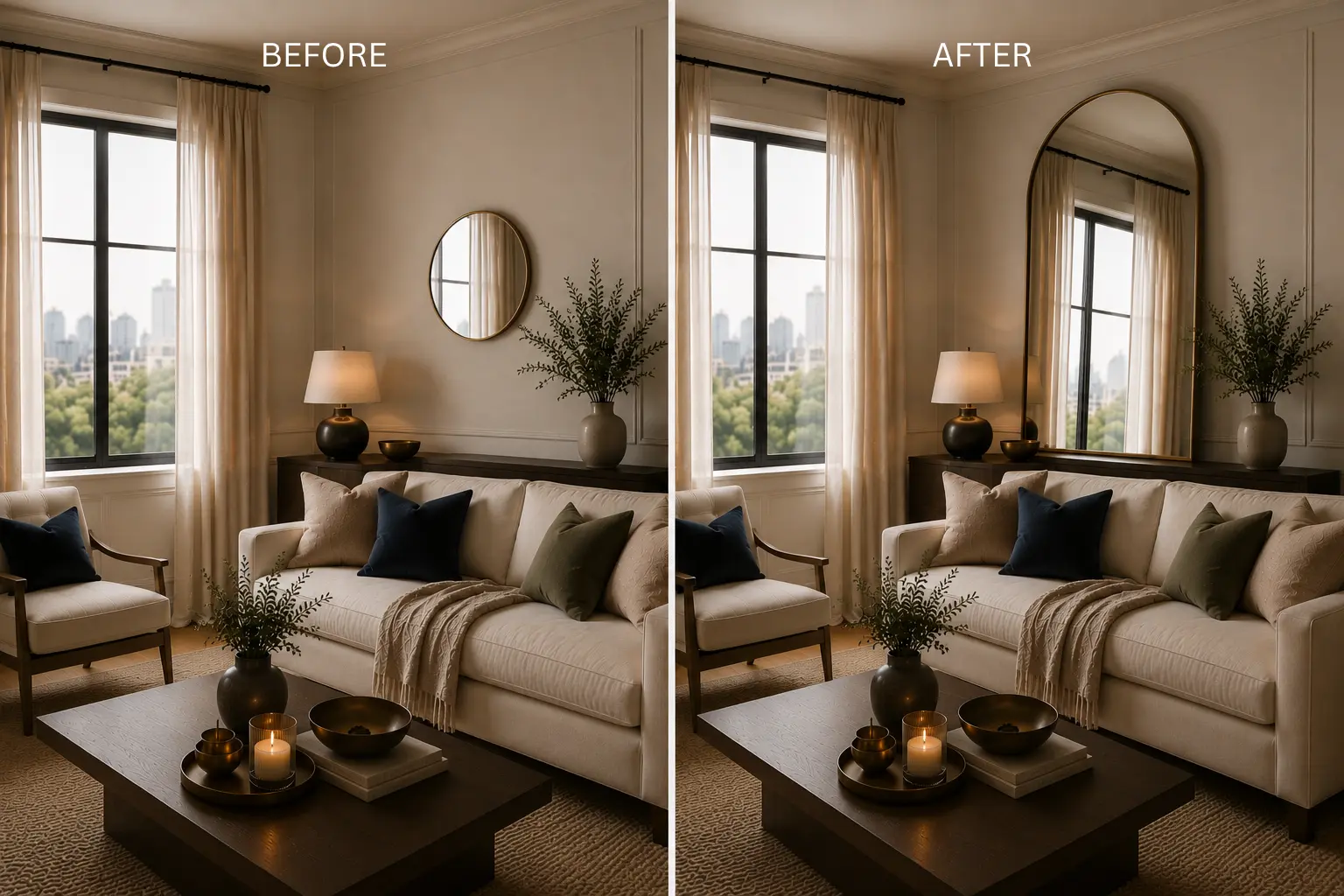 Before and after showing a small circular wall mirror replaced by a large, arched brass floor mirror behind a couch to bounce light and add depth.