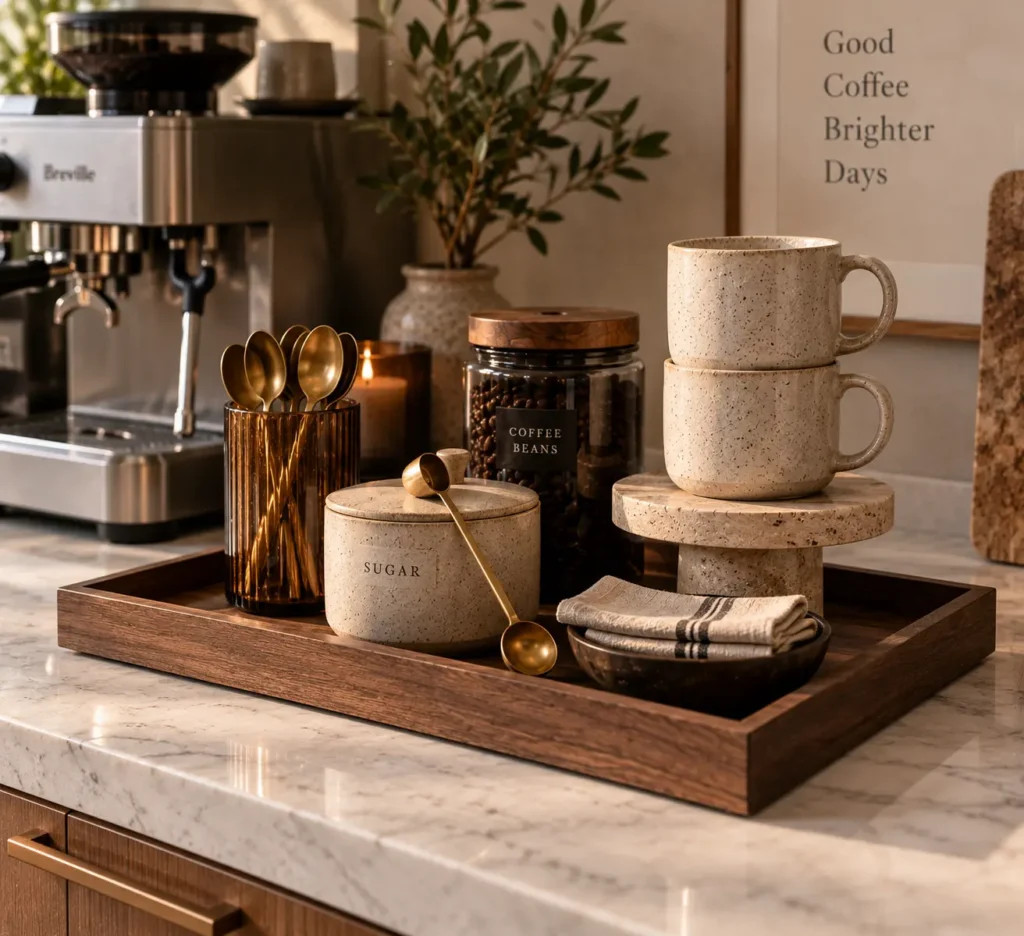 A wooden serving tray on a marble countertop holding a stone container for sugar with a brass spoon, an amber glass jar of coffee beans, stacked speckled mugs on a stone pedestal, and a rolled linen napkin.