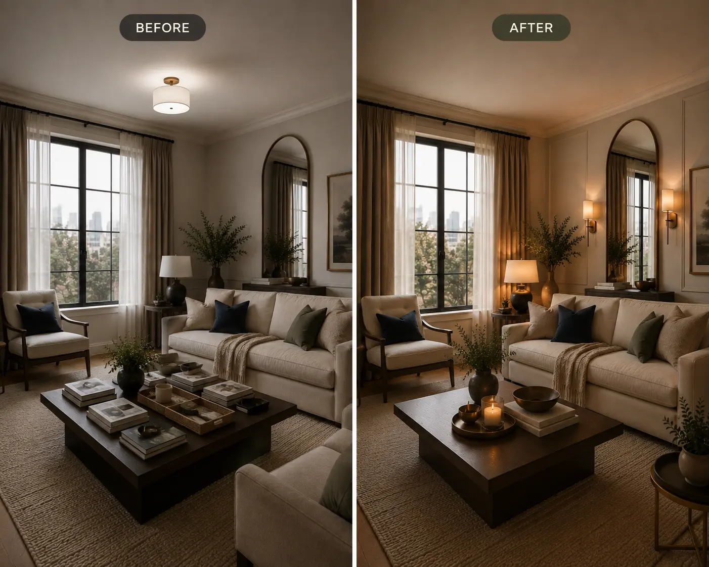 Before and after comparison of a living room lit with a harsh overhead ceiling light versus soft, warm ambient wall sconces and table lamps.