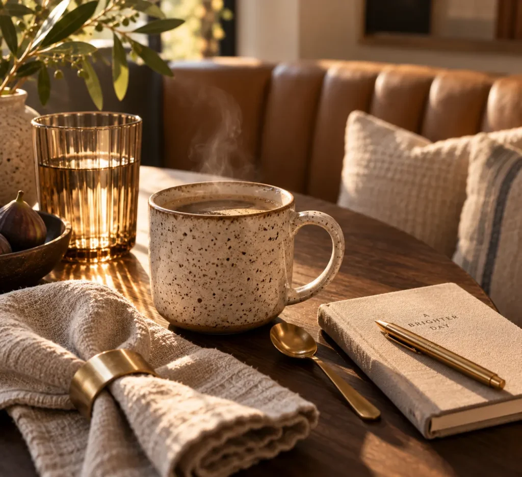 An intimate macro tabletop shot detailing a steaming, speckled ceramic mug next to a linen-bound journal titled A Brighter Day with a gold pen, resting near a cloth napkin held by a brass ring.