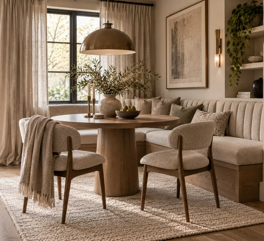 An inviting open-plan breakfast nook featuring a round oak pedestal table, two mid-century wood chairs with cream cushions, a corner booth banquette in oatmeal textile, and sheer linen window curtains.